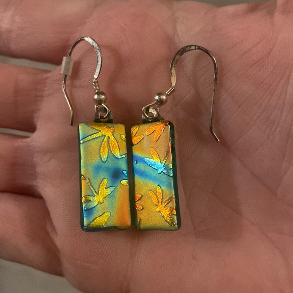 Source Unknown Jewelry - Blown glass hand made earrings green glass with dragon fly hook backing